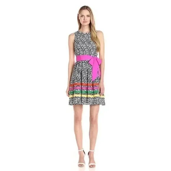 Eliza J Dresses & Skirts - Eliza J Women's Navy & White Poly Print Colorful Striped Ribbons Pink Sash Sleev